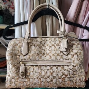 Coach Poppy East West Satchel Sequin Signature Champagne Purse Gold.